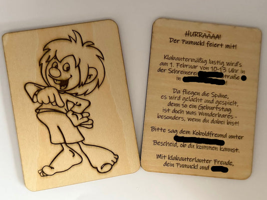Kindergeburtstag Einladung aus Holz – Pumuckl Design personalisiert